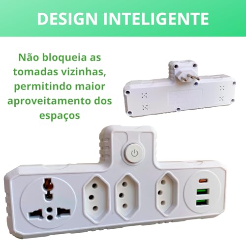 Adaptador Tomada Filtro de Linha Régua Energia Elétrica 3 Tomadas 2 USB 1 USB-C 110-220V Potência 25