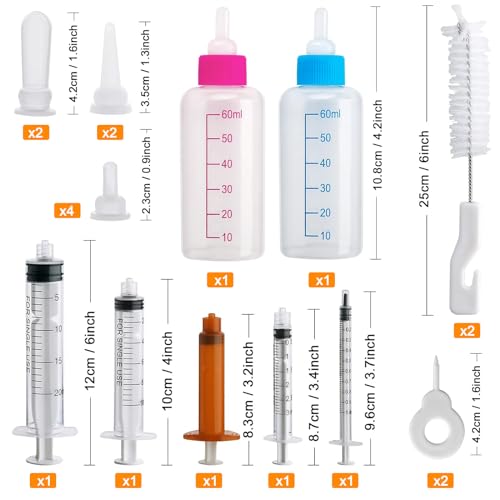 DONQL Aufzuchtflasche Kitten, 2 Stück Aufzuchtflasche Katze 60ml, Aufzuchtflasche Hund Mit 10 Nippel 5 Spritze, Katzen Flasche Set, Kitten Milch Aufzucht Für Welpen, Kätzchen, Eichhörnchen Kalb Lamm