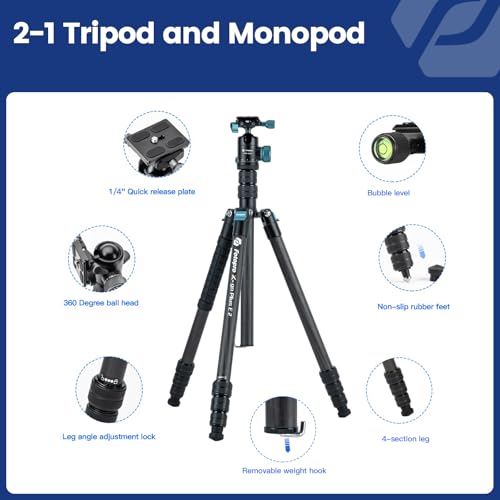 Image of Fotopro 73 inch /185cm Carbon Fiber Travel Tripod for Camera, 360 Panorama Ball Head, Arca Quick Release Plate and Bag, Detachable Monopod for DSLR Camera Camcorder, Load up to 22lbs /10kg. X-Go Plus Blue