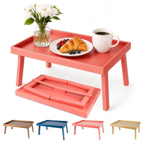 Image of Bamboo Bed Table Tray with Support Bar and Foldable Legs, Breakfast Food Trays Table for Bed Sofa Eating and Laptops, TV Lap Tray Table on Couch (Applied for Invention Patent)