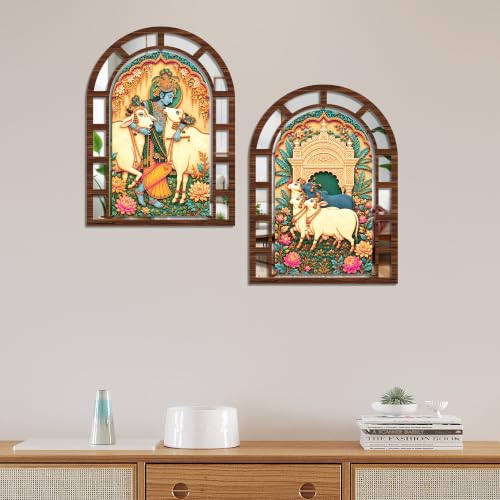 Image of Artvibes Shri Krishna with Cows & Floral Theme Artistic Wall Decor | Decorative Wall Jharokha Mirror for Living Room, Bedroom, Hall, Pooja Room, Lobby & Dining Space | Gift (WHJ 12036N), Set of 2