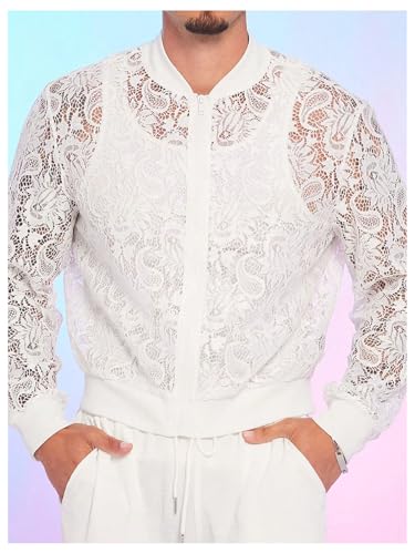 Image of WDIRARA Men's Floral Lace Bomber Jackets Long Sleeve See Through Outerwear | Zip Up Coats, Sexy, Sheer, Party, Concert Outfit
