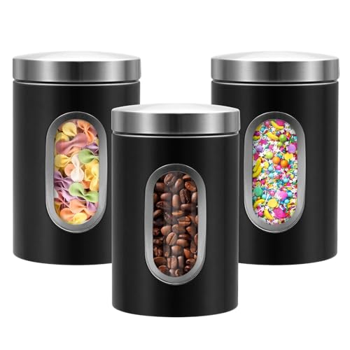 Eidoct Lot de 3 Boîtes Alimentaires à Thé, Café et Sucre en Acier Inoxydable Transparent avec Fenêtre de Visualisation en Verre et Couvercles Hermétiques...