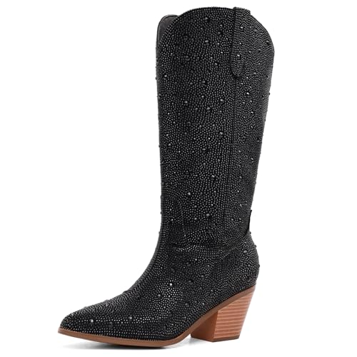 Image of Cowgirl Ankle Boots Cowboy Boots for Women Western Booties Rhinestone Chunky Heel Fashion Comfortable Side Zipper