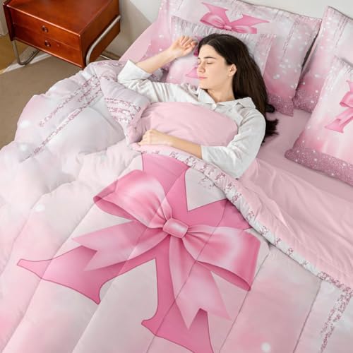 Image of Feelyou Boys Girls Pink Bowknot Bed in A Bag Queen Size, Personalized Initial X 7 Pieces Bedding Set Princess Glitter Comforter Set with Sheets Kids Bow Monogrammed Teens Bed Set Bedroom Decor 7Pcs