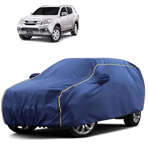 Image of Sulfar 100% Water Resistant Car Body Cover Compatible with Mirror for Isuzu MU X (Triple Stitched, Full Bottom Elastic, Blue Tafetta with Yellow Piping)