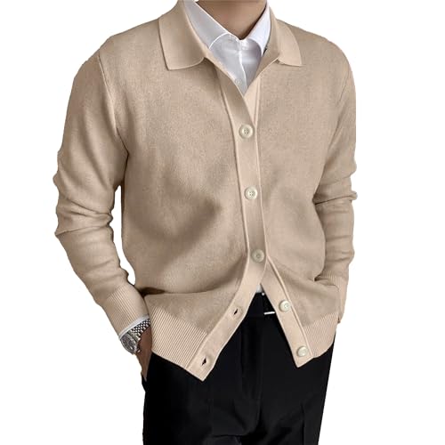 Cable Knitted Cardigan Sweater for Men Lightweight Open Front V Neck Sweaters Button Long Sleeve Solid Knitwear (XX-Large,Khaki)