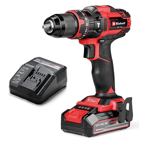 Einhell Perceuse-visseuse à percussion sans fil TE-CD 18/44 Li-i (1 x 2,5 Ah) Power X-Change (18 V, 44 Nm, perçage à percussion, mandrin métallique 13 mm, 2 vitesses, avec batterie 2,5 Ah et chargeur)