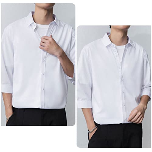 DGHM-JLMY Men's Casual Ice Silk Fashion Shirt Cropped Sleeves Loose Solid Color Shirt Summer Thin Button Down Shirt3