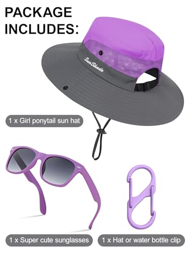 Kids Summer Sun Hat with Ponytail Hole Girls UV Protection Wide Brim Beach Cap with Sunglasses and Hat Clip Age 5-124