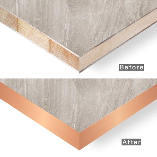 Image of PVC Edge Banding, 3 /4 inch x 25ft Non Glued Flexible Durable Real Brushed Aluminum Rose Gold Veneer Edge Trim for DIY Table Cabinet Furniture Decorative Trim