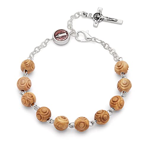 Mondo Cattolico - Pulsera rosario religiosa en cuentas de madera de olivo con la Medalla del Espíritu Santo - Ideal para regalos religiosos (Madera de Olivo - Cucifijo de Esmalte)