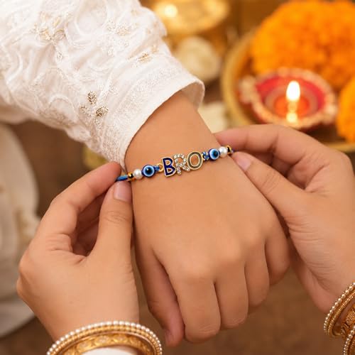 Image of BRO Kids Rakhi for Brother | Stylish Evil Eye Rakhi for Boys, Bhai, Bhaiya | Raksha Bandhan Rakhi Gift Combo Set with Best Bro Ever Fridge Magnet & Roli Tilak Pack for Brother Gift Set Rakhi