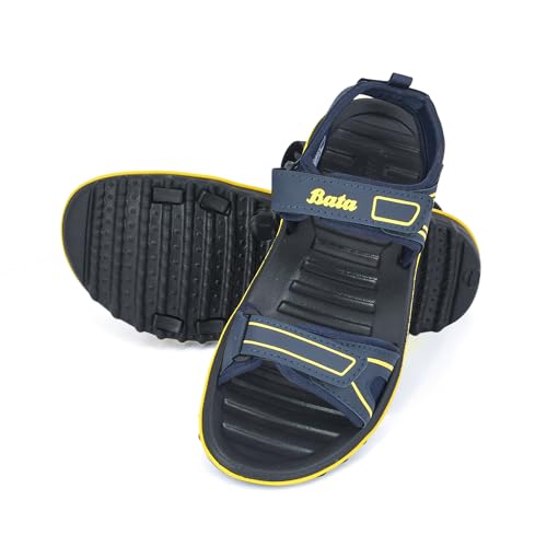 Image of Bata Men's Sports Sandals, Dual Velcro Strap, Textured Sole (BLUE /YELLOW, UK Footwear Size System, Adult, Men, Numeric, Medium, 10)