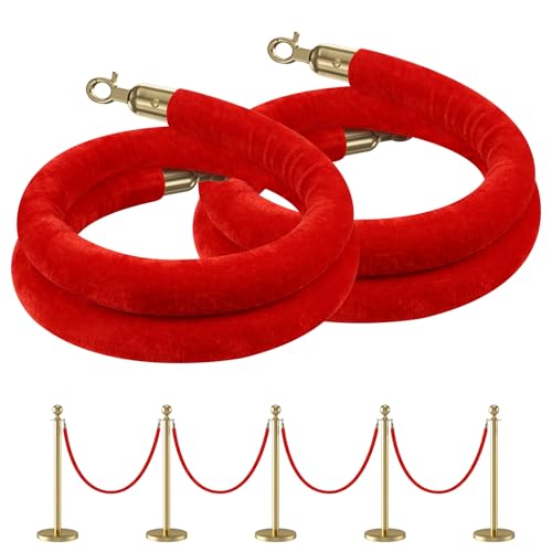 kaiyomi 2 Pack Red Velvet Stanchion Ropes, 5 Feet Crowd Control Velvet Rope with Gold Lobster Clasp, Safety Queue Barrier Stanchions Ropes are Suitable for Parties, Red Carpets and Hotel Lobbies (Red)
