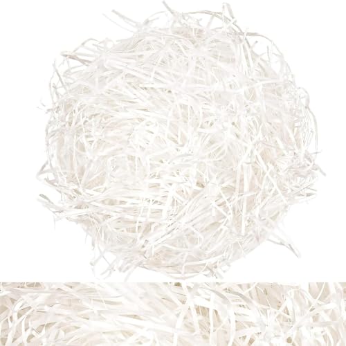 200g Hamper Stuffing Filler, Red Shredded Tissue Paper, Raffia DIY Hamper Filling Filler Glitter Paper Shreds Box Basket Filling Grass Craft Ribbon for Birthday Party Supplies (White)