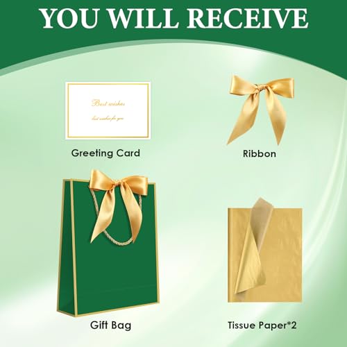 Image of JMANNI 1PCS Gift Bag with Ribbon and 1 Greeting Card 2 Tissue Papers, Portable Paper Gift Bag with Handles, Birthday Present Bags for Wedding Party,Mothers Day 12.6 inch x 9.8 inch x 3.9 inch(green gold