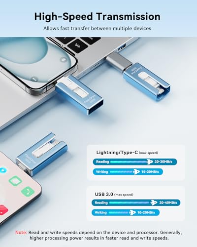 MFi Certified 256GB Flash Drive for iPhone, 3 in 1 Type-C USB Memory Stick Thumb Drive for Photos Videos, High Speed External Memory Storage Photo Stick for iPhone iPad Android PC (Sky Blue)