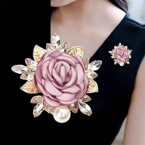 Image of Rose Flower Brooch for Women Large Flower Brooch Elegant Pearl Brooches Handmade Crystal Pearl Pins Fabric Floral Lapel Pin Christmas Valentine's Day Dress Suit Accessories