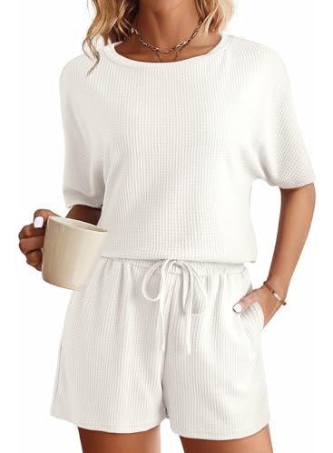 SHEWIN Pajama Sets for Women 2 Piece Outfits Waffle Knit Pajama Sets Short Sleeve T Shirts...