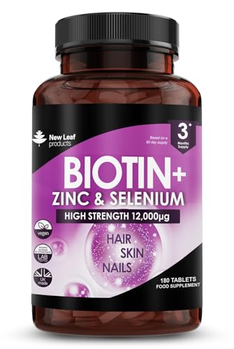 New Leaf Products Biotin Hochdosiert 12.000 µg + Zink & Selen - - Für Haarwachstum, Haut & Nägel - Vegan & Laborgeprüft - 180 Tabletten (3-Monatsvorrat)
