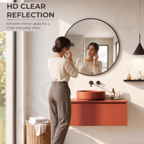Image of Plantex Aluminium Frame Mirror for Wall /Mirror for Bathroom /Round Mirror for Bathroom /Wall Mount Mirror for Bedroom /Dressing Room /Living Room /Entryway - Shatterproof Mirror (24inch-Brushed Black)