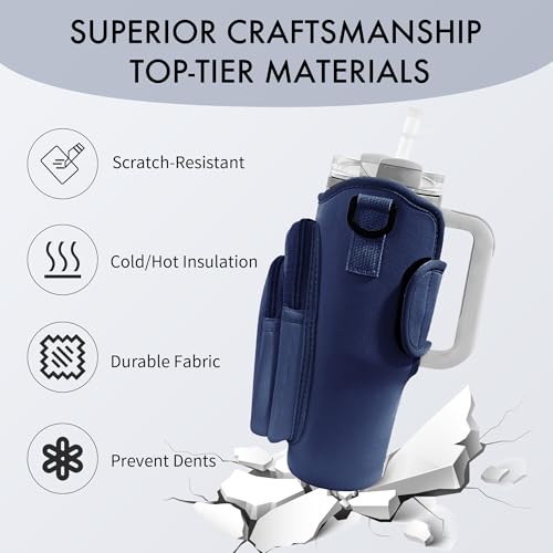 Image of Water Bottle Carrier Bag with Phone Pocket for Stanley Cup 40 /30 oz, Water Bottle Holder with Adjustable Strap& Straw Cover, Stanley Cup Accessories (Prussian Blue)