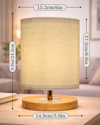 Image of Homesake Small Pine LED Table Lamp-Wooden Bedside Lamp Simple Bedroom Light Linen Shade Mini Desk Lamp Nightstand Lamps for Bedroom, Living Room, Gift, (Clip Khadi Shade)