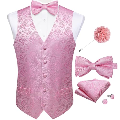 Image of DiBanGu Mens Paisley Suit Waistcoat,Silk Dress Vest and Bowtie Pocket Square Cufflinks with Lapel Pin Set for Wedding Tuxedo
