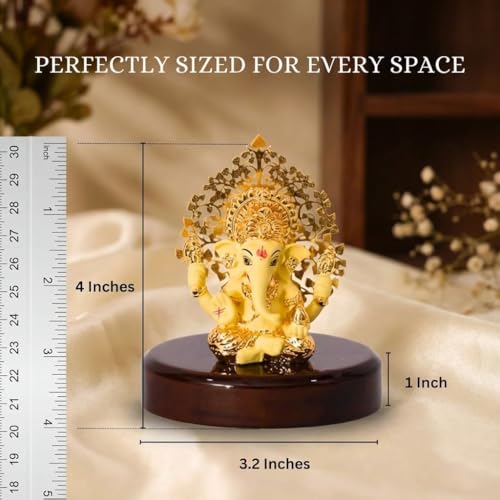 Image of Gold Plated Ganesh Idol with Kalpavruksh Tree for Car Dashboard & Office Desk | Ganpati Murti for Home Decor & Hindu God Gift | Resin (Yellow) | 3 Inches