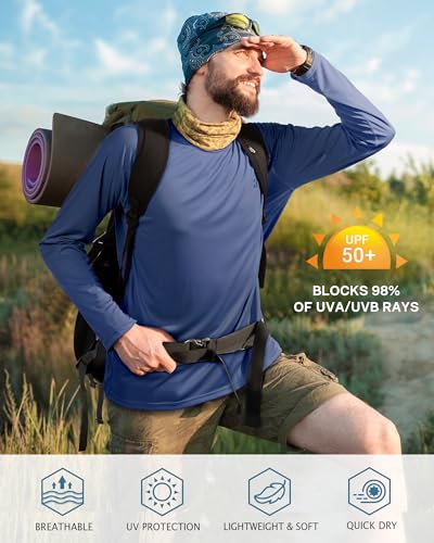 Roadbox Mens UPF 50+ UV Sun Protection Shirts Outdoor Long Sleeve SPF Diving Rash Guard for Fishing Hiking Swimming Ocean Blue