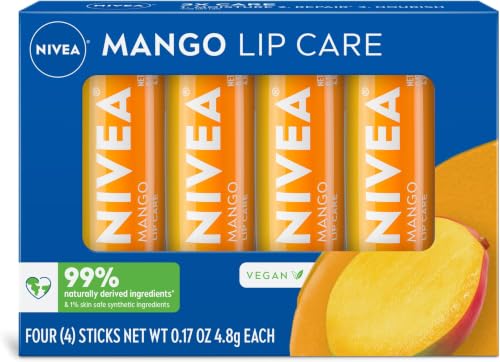 Image of NIVEA Mango Lip Care, Vegan Lip Balm Pack with Shea Butter, Nourishing Oils and Vitamin C & E, 3-in-1 Moisturize, Repair and Protect, 0.17 Oz Stick, (Pack of 48)