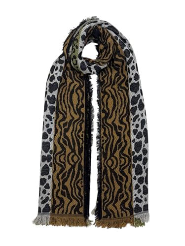 Reversible Wool Blend Winter Scarf for Women – 70x180cm Thick & Soft Animal Print Wrap – Green & Gold Leopard Zebra Pattern – Cozy Cold Weather Gift Shawl4