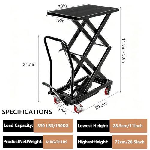 Image of Hydraulic Lift Table Cart, 330 LBS Load Capacity 50 in Lifting Height, Manual Double Scissor Lift Table with Non-Slip Pad and 4 Wheels,Hydraulic Scissor Cart for Material Handling (330 LBS - Double)