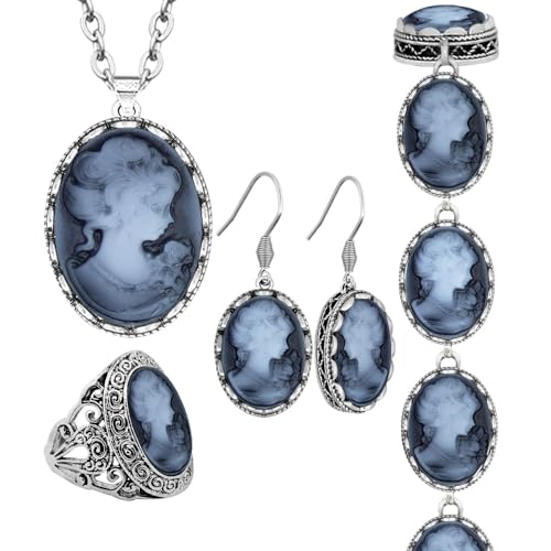 Anstory Victorian Cameo Jewelry Set 4-Piece Antique Solid Silver Plated Queen Grey Cameo Necklace Earrings Ring Bracelet for Women Vintage Look Cameo Pendant Gift Set