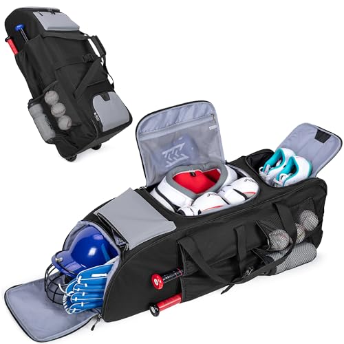 GOBUROS Rolling Baseball Bag for 4 Bats, Black Softball Bag with Wheels, Large Baseball Equipment...