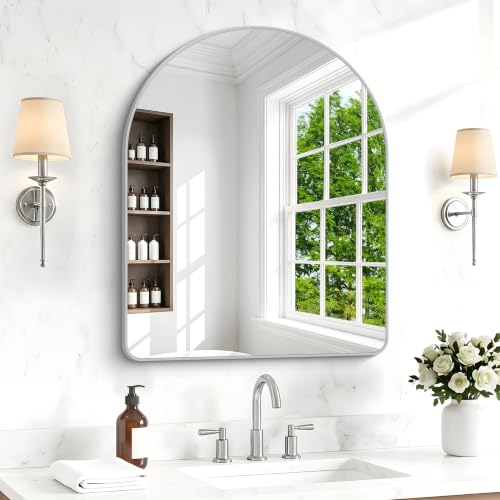 Image of BONEWEI Arched Wall Mirror,30x36 inch Silver Arched Mirror Bathroom,Vanity Mirror for Over Sink Metal Frame,Tempered Glass Arch Mirrors for Bedroom,Entryway,Living Room,Home Decor Shatter-Proof