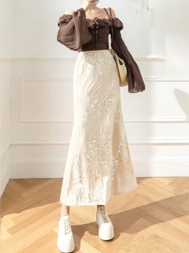 ebossy Women's Elegant Elastic Waist Sequin Flowy A-line Flared Long Skirts Sparkly Fishtail Mermaid Maxi Skirts3