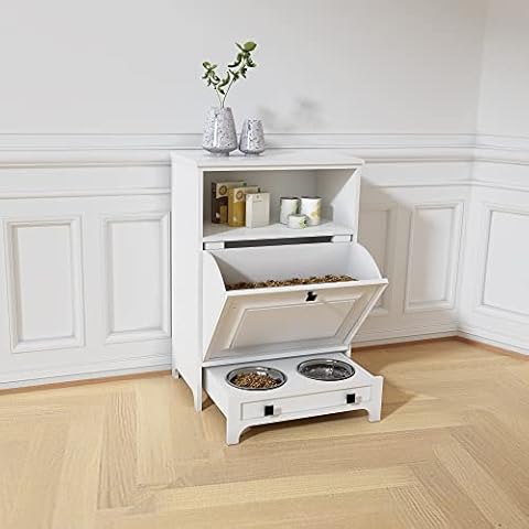 roomfitters White Farmhouse Modern Pet Feeding Station Furniture with Double Pull Out Dog Bowl, Pet Food Cabinet, Pet Toy Storage Organizer Cover