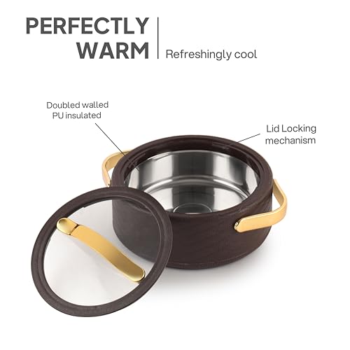 Image of CELLO Velvetto Deluxe 1500 Insulated Casserole Hot Box for Kitchen 1500 ml, Brown | Airtight See Through Lid Hot Pot Case Keeps Food Hot & Warm for Long Hours, Casserole Set for Roti, Rice & Biryani