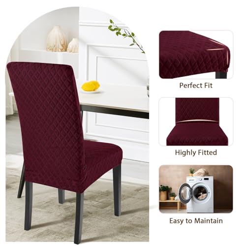 Image of SearchI Dining Room Chair Covers Set of 4, Stretch Jacquard Parsons Chair Slipcovers Super Fit Removable Washable Kitchen Chair Protector Cover for Dining Room, Hotel, Ceremony (Wine Red)