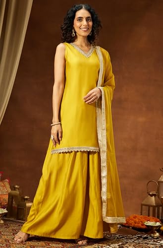 Image of Janasya Women's Chanderi Silk Embellished Straight Kurta with Sharara & Dupatta Set