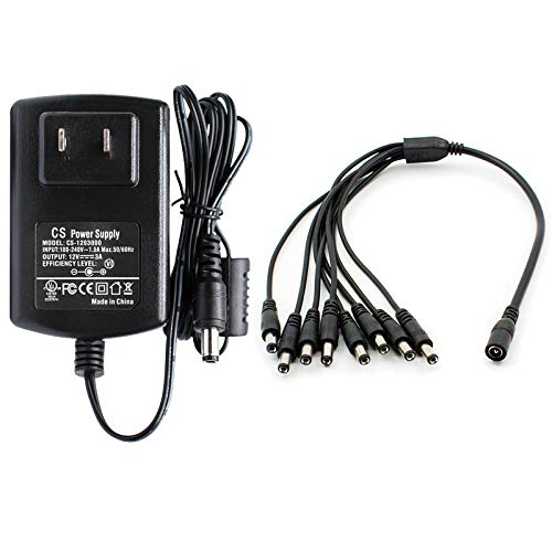 ANVISION AC to DC 12V 3A Power Supply with 1 to 8 Way Splitter Cable, Plug 5.5mm x 2.1mm, for NVR DVR CCTV Camera, TV Box, Efficiency Level VI