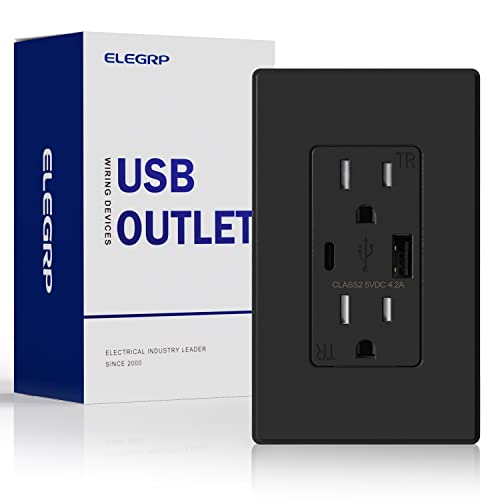 ELEGRP USB Charger Wall Outlet USB Receptacle with Type A & Type C USB Ports 15 Amp Duplex Tamper Resistant Receptacle Plug NEMA 5-15R Wall Plate Included UL Listed (1 Pack Matte Black)