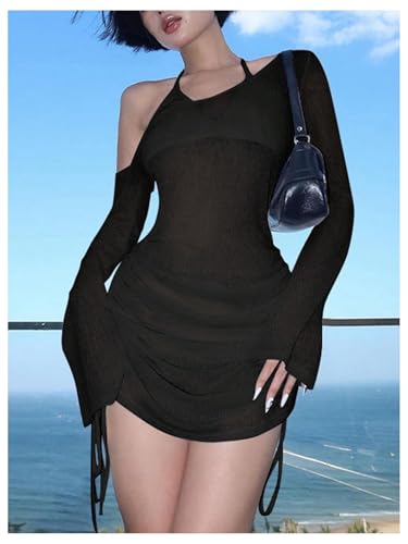 GORGLITTER Women's One Shoulder Swimsuit Coverups Dress Bell Long Sleeve Drawstring Beach Vacation Summer Dresses 20253