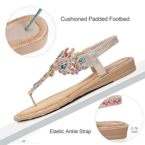 Image of iCKER Women Flat Thong Sandals Rhinestone Sparkly Boho Elastic Ankle Strap | Non‑slip,Matches Summer Dresses,for Vacation,Wedding,Evening and Festival