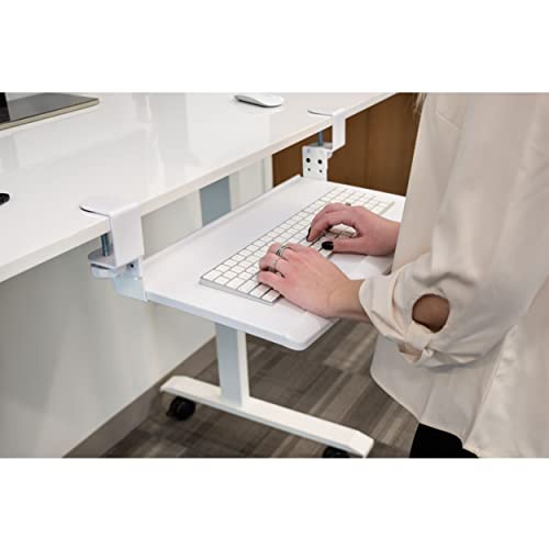 Image of Stand Up Desk Store Large Clamp-On Retractable Adjustable Keyboard Tray | Improve Comfort While Increasing Desk Space - for Desktops Up to 1.5 inch Thick (33 inch W x 12.25 inch D) (White) (Large)