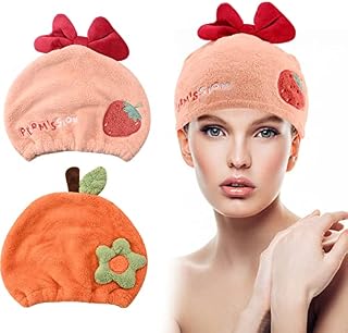 Gukasxi 2 Pieces Dry Hair Hat, Super Absorbent Hair Drying Cap Towels, Cute Cartoon Coral Velvet Hair Turban, Quick Drying Bath Hair Cap for Women Girls, Fast Drying Hair Wrap (pink & Orange)