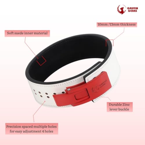 Image of 13MM Lever Gym Belt for Men & Women | 100% Full Grain Genuine Leather Powerlifting Belt | IPF Standard Weight Lifting Belt | White Belt with Red Buckle | Size Extra Large