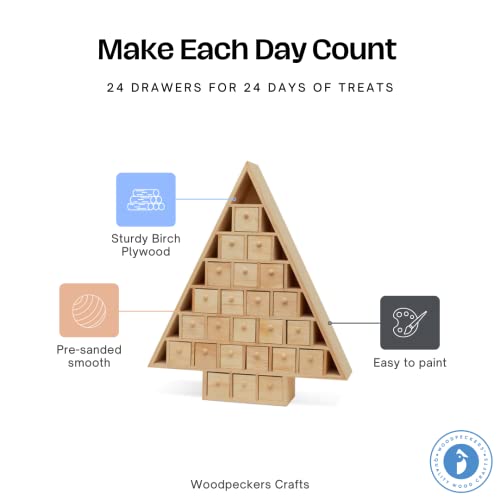 Christmas Tree Wooden Advent Calendar 15 X 13 Inch, Pack Of 1 Christmas Advent Calendar With 24 Empty Drawers For Diy, By Woodpeckers #TOP1